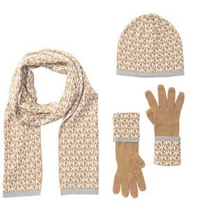 MK Logo Scarf Hat & Gloves Gift Set Tan/Ivory